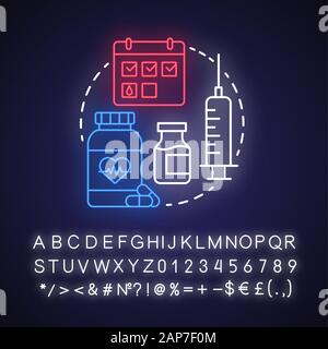 Le contrôle du cycle menstruel neon light concept icône. L'hormonothérapie idée. La santé des femmes. Système de reproduction, la fertilité. Signe rougeoyant avec alphabet, n Illustration de Vecteur