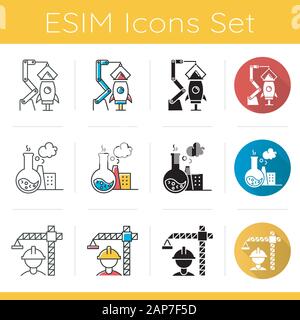 Types d'Industrie icons set. L'aérospatial, chimique, de la construction de l'économie. Le développement de la technologie. Modèle plat, linéaire, noir et couleurs. Je Illustration de Vecteur