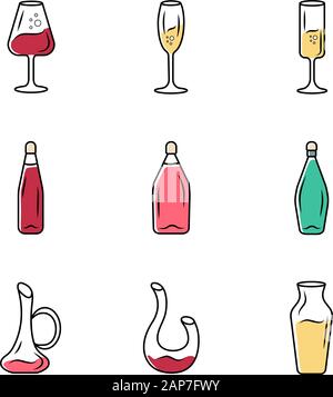 Winery verrerie icons set. Différents types de vin. Carafes, bouteilles, verres. Apéritif boissons, cocktails, boissons alcoolisées. Parti, bar, restaurant Illustration de Vecteur