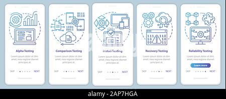 Des tests de performance du logiciel l'écran page d'application mobile référencement modèle vectoriel. Le contrôle de la qualité du programme. Procédure pas à pas avec site web illustr linéaire Illustration de Vecteur
