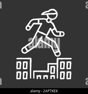 L'icône Chalk Parkour. A Traceur fonctionnant en environnement de la ville. Traverser les obstacles. Personne sautant dans l'espace urbain. Entraînement de la rue. Sport extrême. Isolé Illustration de Vecteur