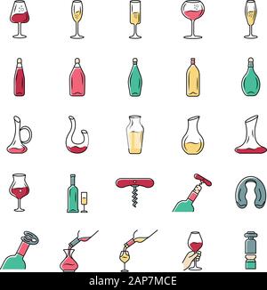 Vin et wineglasses icons set. Différents types de verrerie et de l'alcool. Décanteurs, bouteilles, outils de barman. Apéritif boissons, cocktails. Isol Illustration de Vecteur