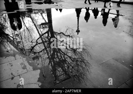 Réflexions des piétons London Eye branches d'arbres d'hiver sans feuilles dans une grande flaque d'eau sur le pavé de la rive sud de Londres Banque D'Images