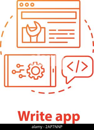 Écrire l'icône app concept. Développement logiciel idée fine ligne illustration. L'orchestration de services. Outils pour front-end, back-end developer. Application Illustration de Vecteur