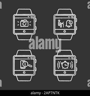 Les fonctions de suivi de la condition physique de la craie icons set. Smartwatch bracelet capacités et services de bien-être. Médias sociaux, Photo, notifications, alarme, trouver ph Illustration de Vecteur