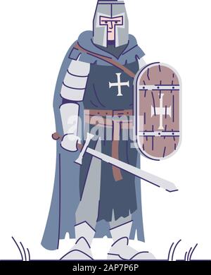 Chevalier médiéval avec l'épée et le bouclier télévision vector illustration. Armored templar personnage isolé avec contours éléments sur fond blanc. Illustration de Vecteur