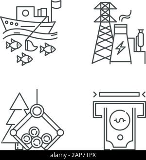 Types d'industrie jeu d'icônes linéaires. Pêche, énergie, bois, secteurs financiers de l'économie. Sphères d'activité. Symboles de contour de ligne mince. Vecteur isolé o Illustration de Vecteur