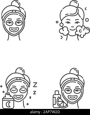 Ensemble d'icônes linéaires pour les procédures de soins de la peau. Routine d'heure de nuit. Vitamine C pour la beauté du visage. Nettoyez l'eau. Hydratant. Symboles de contour de ligne mince. Isolat Illustration de Vecteur