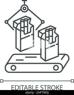 Icône linéaire de l'industrie du tabac. Ligne de production automatique de cigarettes par convoyeur. Produits pour fumeurs plante. Illustration de la ligne fine. Symbole de contour. Vecteur Illustration de Vecteur