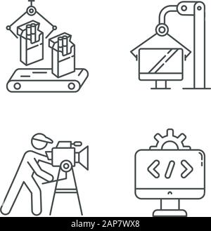 Types d'industrie jeu d'icônes linéaires. Tabac, informatique, production cinématographique, SECTEURS DE L'ÉCONOMIE DE LA TI. Symboles de contour de ligne mince. Contour vectoriel isolé illustr Illustration de Vecteur