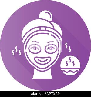 Utilisation de l'icône de glyphe d'ombre longue à motif plat violet pour masque thermique. Procédure de soins de la peau. Soin de beauté du visage pour ouvrir les pores. Produit pour le visage pour le nettoyage Illustration de Vecteur
