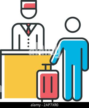 Icône couleur de l'industrie de l'accueil. Client avec valise. Tourisme. Réceptionniste, concierge. Services de gestion hôtelière. Réservation, comptoir de paiement. Visite Illustration de Vecteur