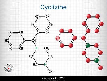 Molécule de cyclizine. Il s'agit de l'antagoniste de l'histamine H1, qui est utilisé pour traiter ou prévenir les troubles du mouvement et les nausées. Formule chimique structurelle et molécule Mo Illustration de Vecteur