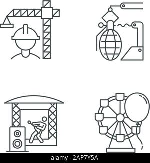 Types d'industrie jeu d'icônes linéaires. Secteurs de la construction, des armes, de la musique, de l'économie du divertissement. Activités des entreprises. Symboles de contour de ligne mince. Isolé Illustration de Vecteur