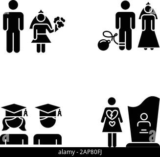 Jeu d'icônes de glyphe d'égalité des sexes. Mariage d'enfants. L'égalité de l'éducation. Relation de couple. Mariage forcé. Diplômé de l'université. Mortalité maternelle. Silho Illustration de Vecteur