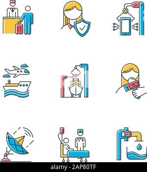 Types de secteurs d'activité, jeu d'icônes de couleur. Assurance vie. Industrie de l'accueil. Production électronique. Transports, construction navale. Nouvelles et médias. Service de santé Illustration de Vecteur