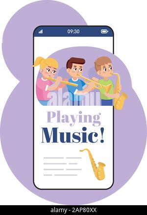 Lecture de l'écran de l'application pour smartphone de musique. Affichage du téléphone portable avec maquette de personnages de dessin animé. Entraînement de l'instrument de vent. Jeux éducatifs pour enfants applis Illustration de Vecteur