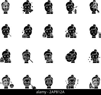 Ensemble d'icônes de glyphes des procédures de soins de la peau. Crème pour le visage. Liquide, feuille, masque décollable. Produits de beauté. Routine d'heure de nuit. Traitement ponctuel. Sérum de vitamine C. Illustration de Vecteur