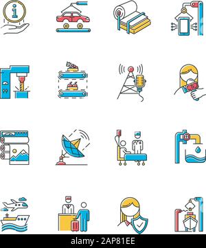 Types de secteurs d'activité, jeu d'icônes de couleur. Nouvelles et médias. Diffusion d'informations, construction navale. Production de pâte et de papier. Publication. Services de santé. Ho Illustration de Vecteur
