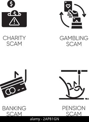 Jeu d'icônes de glyphe de types de scam. Organisme de bienfaisance, régime de pension frauduleux. Jeu, astuce bancaire. Cybercriminalité. Un affamement financier. Gain d'argent illégal. Silhouett Illustration de Vecteur