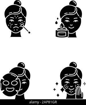 Ensemble d'icônes de glyphes des procédures de soins de la peau. Traitement par points pour les têtes noires. Peau problématique. Application du masque de calque. Utilisation de l'eau de beauté. Cosmétiques, maquillage. Sil Illustration de Vecteur