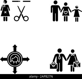 Jeu d'icônes de glyphe d'égalité des sexes. Stérilisation forcée. Liberté de mouvement de la femme. Égalité des droits à l'emploi pour la femme et l'homme. Planification familiale. Silhou Illustration de Vecteur