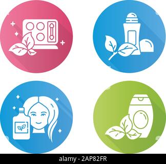 Cosmétiques organiques design plat long ombre glyphe icônes jeu. Gel douche, lavage du corps. Palette de fards à paupières. Désodorisant, antisudoriant. Articles de soin de la peau. bo éco Illustration de Vecteur