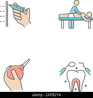Jeu d'icônes de couleur pour les procédures médicales. Injection avec seringue. Massage. Lavement. Soins dentaires. Santé bucco-dentaire. Aide clinique. Masseur et patient. Constipati Illustration de Vecteur
