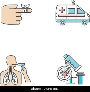 Jeu d'icônes de couleur pour les procédures médicales. Bandage du doigt blessé. Soins d'urgence. Transport ambulancier. Bronchoscopie. Examen de santé pulmonaire. Infection Illustration de Vecteur