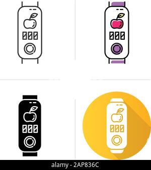 Suivi de fitness avec icônes de compteur de calories définies. Appareil de bien-être avec surveillance des habitudes alimentaires saines. Gadget avec notification de repas. Linéaire, bac à réaction Illustration de Vecteur