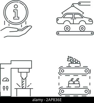 Types d'industrie jeu d'icônes linéaires. Ingénierie automobile. Informations. Industrie de l'acier. Production de fruits. Alimentation. Symboles de contour de ligne mince. Isolat Illustration de Vecteur