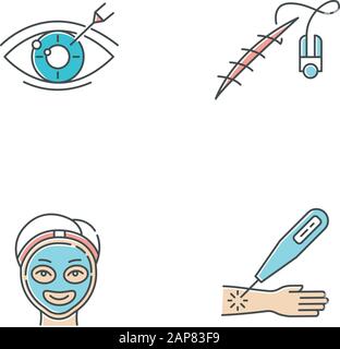 Jeu d'icônes de couleur pour les procédures médicales. Correction de la vision. Trouble de la vue. Couture d'une plaie ouverte. Cosmologie. Traitement au laser sur le bras. Soins du visage au spa Illustration de Vecteur