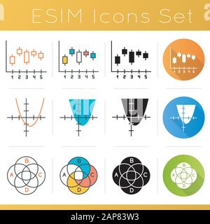 Ensemble d'icônes de graphique et de graphique. Courbe de fonction. Trigonométrie et mathématiques. Tableau des chandeliers. Infographie du tracé de la boîte. Diagramme de Venn. Conception plate, linéaire, noire an Illustration de Vecteur