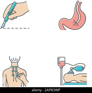 Jeu d'icônes de couleur pour les procédures médicales. Chirurgie. Endoscopie et gastroscopie. Tube digestif, contrôle de l'estomac. Physiothérapie. Soulagement de la douleur au dos. Anesthésie. C Illustration de Vecteur