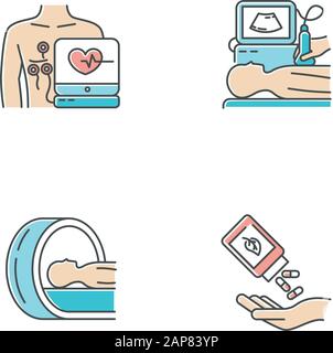 Jeu d'icônes de couleur pour les procédures médicales. Électrocardiogramme. Diagnostics échographiques. Tomographie. Examen du cerveau pour la tumeur. Homéopathie. Pilules organiques. Plantes Illustration de Vecteur