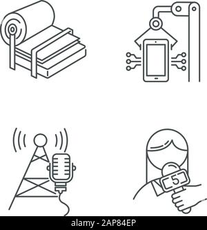 Types d'industrie jeu d'icônes linéaires. Production de pâte et de papier. Installation électronique. Tour de radiodiffusion. Nouvelles et médias. Symboles de contour de ligne mince. Isola Illustration de Vecteur