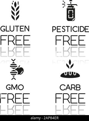 Jeu d'icônes de glyphes noirs sans ingrédient et ombre portée. Sans gluten, pesticide, ogm, carb. Nourriture saine bio. Diététique sans allergènes et sueur Illustration de Vecteur