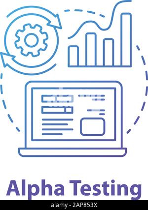 Icône de concept de test alpha. Illustration de la ligne fine de l'idée de la phase de développement logiciel. Vérification des performances des applications. Gestion de projets informatiques. App cod Illustration de Vecteur