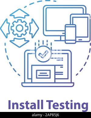 Installer l'icône du concept de test. Illustration de l'étape de programmation du logiciel de la ligne mince. Développement d'applications. Test de mise en œuvre. Projet informatique. Application Illustration de Vecteur