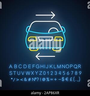 Icône d'éclairage au néon du service de voiture partagé. Véhicule à louer. Covoiturage. Partage de parcours. Partage De Cartes. Partage de l'ascenseur. Mobilité partagée. Signe lumineux avec alphabet, n Illustration de Vecteur