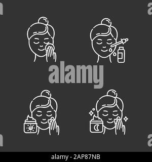 Procédures de soins de la peau jeu d'icônes de craie. Application de la crème de nuit pour dormir. Utilisation de sérum facial. Crème solaire sur le visage. Hydratant, peau nettoyante. Salon de beauté Illustration de Vecteur