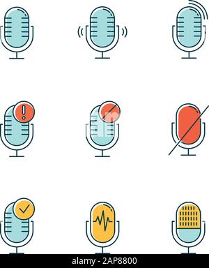 Problème de connexion du microphone bleu, icônes de couleur définies. Idée d'enregistreurs sonores. Microphones connectés. Différentes commandes vocales. Équipement musical. Numérique moderne de Illustration de Vecteur