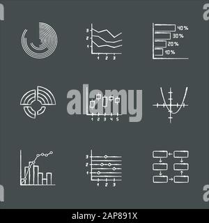 Jeu d'icônes de craie de graphique et de graphique. Histogramme horizontal. Graphique de zone. Courbe de fonction. Diagramme radial. Courbe Pareto. Graphique de la figure. Connexion de données et wir Illustration de Vecteur