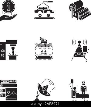 Jeux d'icônes de glyphe de types de secteur. Signe d'information. Production automobile. Pâte et papier. Industrie de l'acier. Approvisionnement en fruits. Diffusion. Santé. Silho Illustration de Vecteur