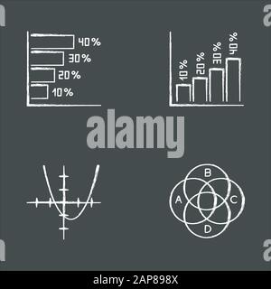 Jeu d'icônes de craie de graphique et de graphique. Histogramme horizontal et vertical avec taux d'intérêt. Courbe de fonction. Diagramme Venn avec index. Trigonométrie. Bus Illustration de Vecteur