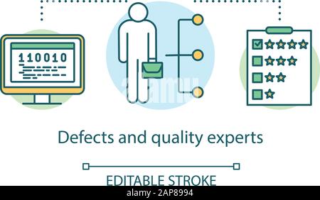 Icône concept experts défauts et qualité. Illustration de la ligne fine de l'idée de la rating IT. Processus de test du logiciel. Indication des problèmes et des problèmes. Vecteur iso Illustration de Vecteur