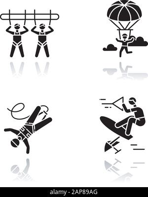 Les icônes de glyphes noirs d'ombre de chute de sports extrêmes d'air sont définies. Swing géant, parachutisme, saut à l'élastique et planche à l'élastique. Activités de plein air. Adrénaline Illustration de Vecteur