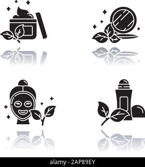 Cosmétiques organiques ombre de goutte noir glyphe icônes jeu. Crème pour le visage. Poudre de maquillage pressée. Masque facial. Désodorisant, antisudoriant. Beauté sans produits chimiques p Illustration de Vecteur