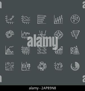 Jeu d'icônes de craie de graphique et de graphique. Diagramme circulaire, Venn. Histogramme horizontal et vertical. Graphique de zone. Courbe Pareto. Carte de température. Montre polaire. Disperser ch Illustration de Vecteur