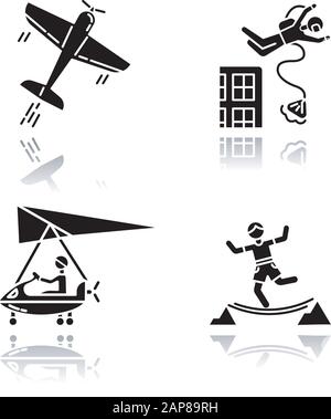 Les icônes de glyphes noirs d'ombre de chute de sports extrêmes d'air sont définies. Acrobaties, saut de base, micro-éclairage et doublure haute. Activités de plein air. Adrénaline entertai Illustration de Vecteur